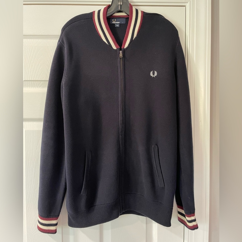 Fred Perry Dark Blue Bomber Jacket with Red and White Trim Full-Zip Large